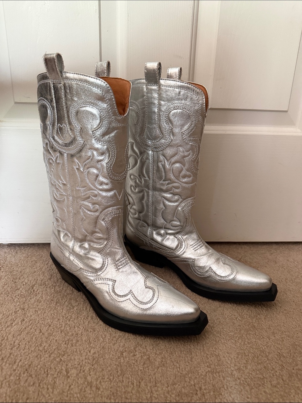 NEW Ganni Silver Embossed Western Leather Boots
